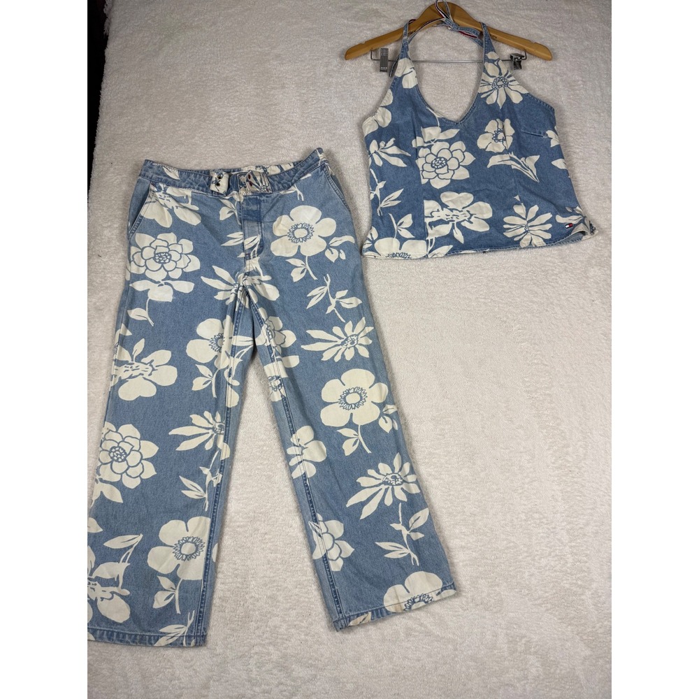 Tommy Hilfiger Floral Denim Set Women 10 Blue Vintage 90s Y2K Hibiscus‎ Pant